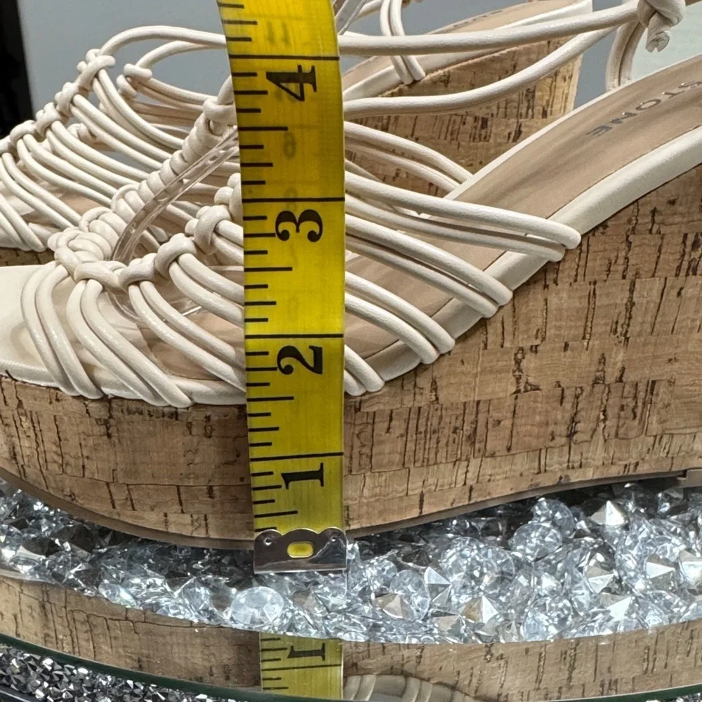 Sun + Stone eggshell Tilly Beige Strappy Lace Up cork Wedge Sandals NEW 7.5